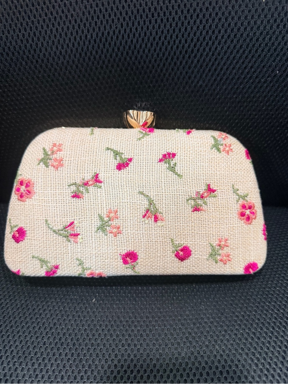 Beige Floral Embroidered Clutch with Pink Accents